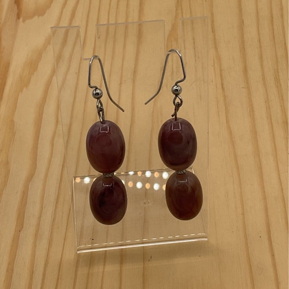 Purple Oval Marbled Dangle Drop Earrings Pierced Fish Hook Design